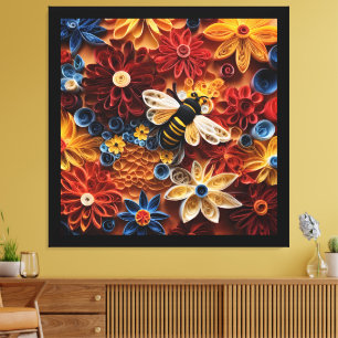 Lienzo Diseño de abeja de quilling de papel rodeada de fl