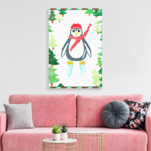 Lienzo Diseño de árbol de Navidad para esquiar pingüino f
