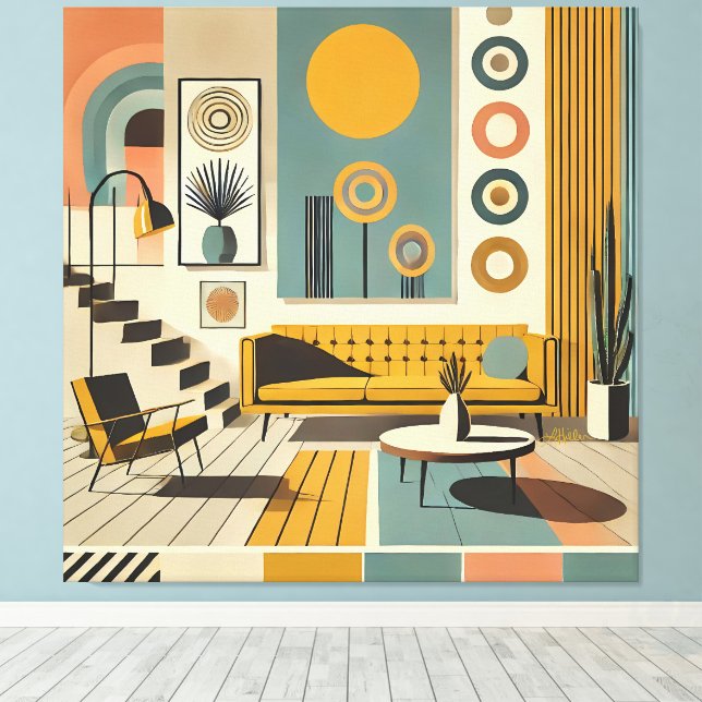 Lienzo Diseño de interiores de mediados de siglo Sala de  (Insitu (piso de madera))
