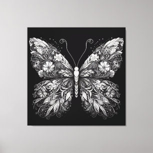 Lienzo Diseño de mariposa con patrón floral en tinta blan