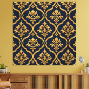 Lienzo Diseño de Motivo Vintage de Damasco Dorado y Azul
