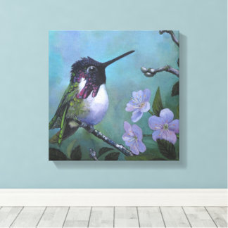 Lienzo Diseño de pared de colibrí lindo rama de flores az