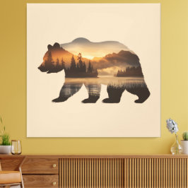 Lienzo Diseño de silueta de oso con vista de sol