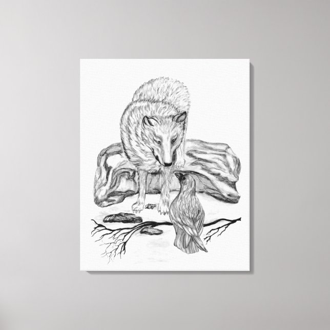 Lienzo Diseño en blanco y negro de Wolf y Raven (Anverso)