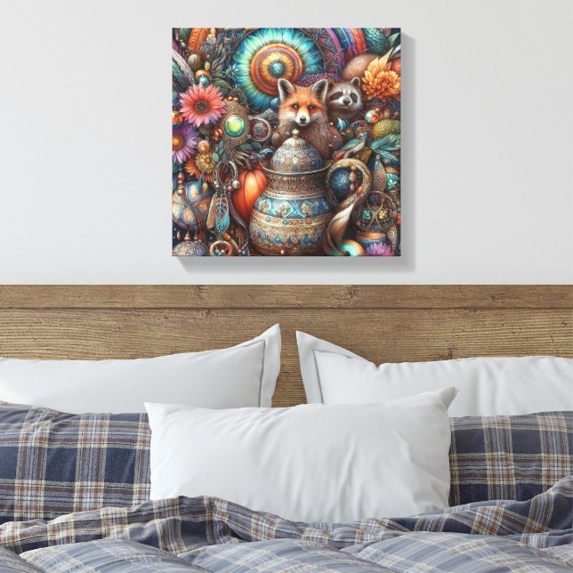 Lienzo Diseño floral de Boho Fox Raccoon (Insitu(Dormitorio))