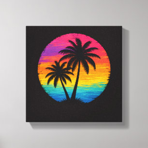 Lienzo Diseño Retro de Palmeras en Puesta de Sol Tropical