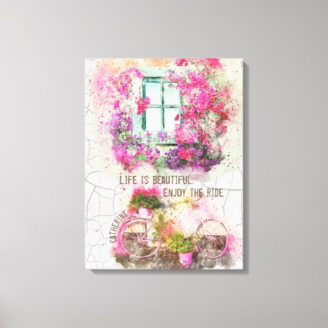 Lienzo Disfruta Del Paseo | Bicicleta acuarela con flores (Anverso)