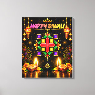 Lienzo Diwali Feliz Colorido Rangoli y Diya Tradicional