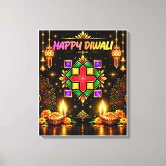 Lienzo Diwali Feliz Colorido Rangoli y Diya Tradicional