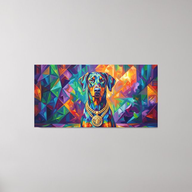 Lienzo Dobermann mit Goldkette Pop Art Portrait (Anverso)