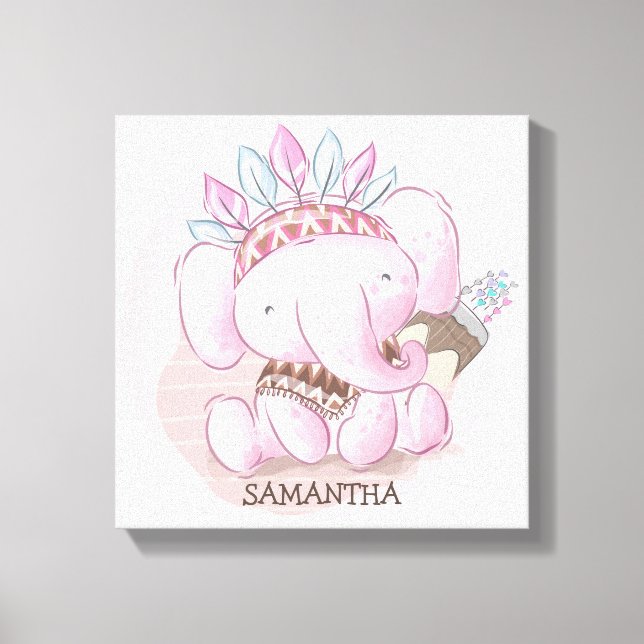Lienzo Dormitorio infantil de niña elefante boho lindo (Anverso)