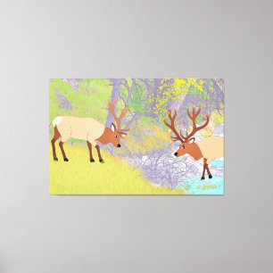 Lienzo Dos alces en el bosque otoñal del río