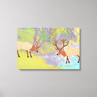 Lienzo Dos alces en el bosque otoñal del río