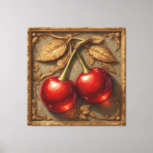 Lienzo Dos cerezas rojas brillantes con hojas doradas