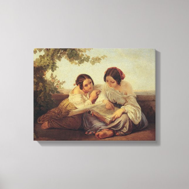 Lienzo Dos chicas leyendo la pintura de un libro (Anverso)