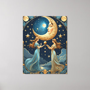 Lienzo dos chicas pintando magia con una luna