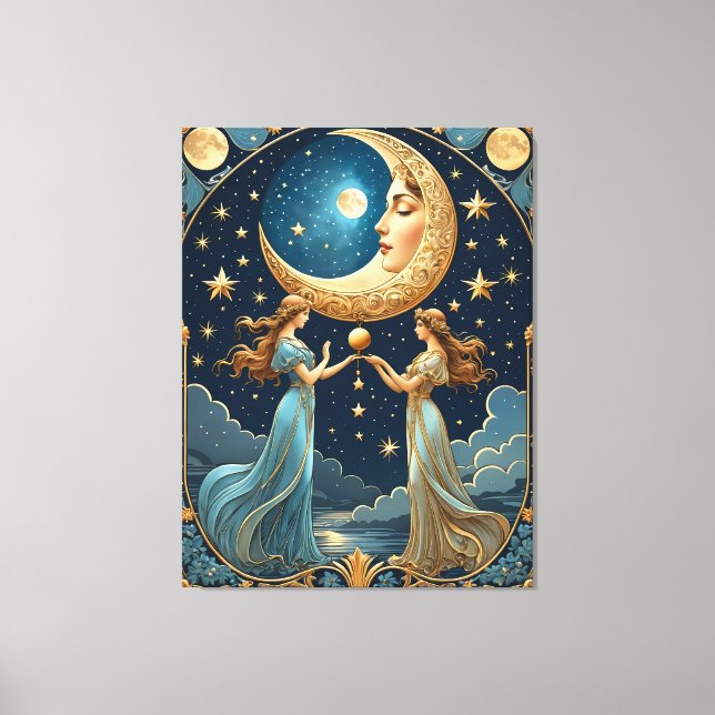 Lienzo dos chicas pintando magia con una luna (Anverso)