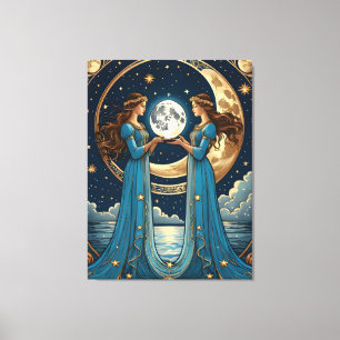 Lienzo dos chicas sosteniendo una luna de fantasía