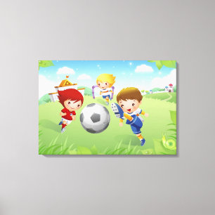 Lienzo Dos chicas y un muchacho que juega a fútbol