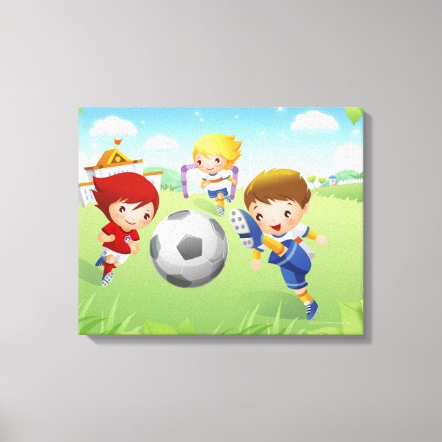 Lienzo Dos chicas y un niño jugando fútbol (Anverso)