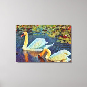 Lienzo Dos cisnes mudos en el estanque de nenúfares:Canva
