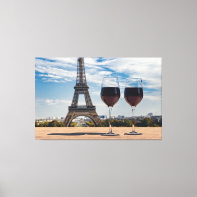 Lienzo Dos copas de vino con Torre Eiffel (Anverso)