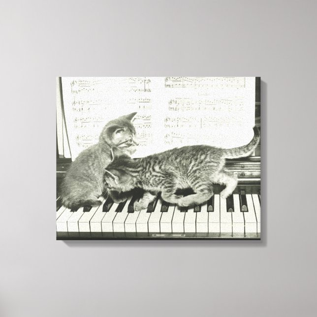 Lienzo Dos gatitos tocando en el teclado del piano, (B&W) (Anverso)