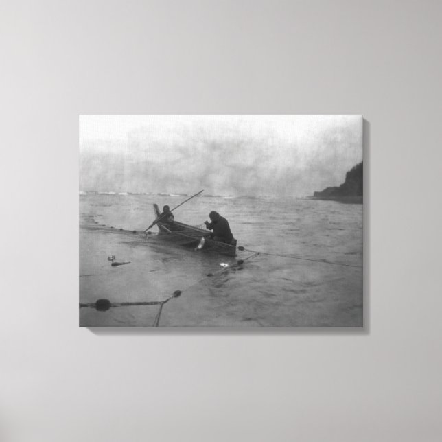 Lienzo Dos indios pescando en el lago Quinault en canoa (Anverso)