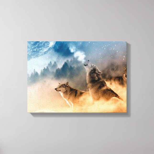 Lienzo Dos lobos aullan en la luna llena en el bosque (Anverso)
