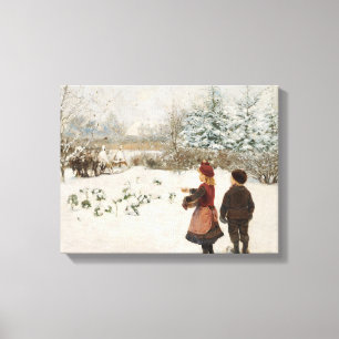 Lienzo Dos niños alimentando aves en la nieve