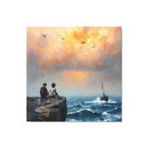 Dos niños mirando un bote en el mar