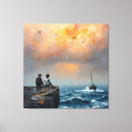 Lienzo Dos niños mirando un bote en el mar