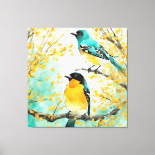 Lienzo Dos pájaros sentados en la rama del árbol