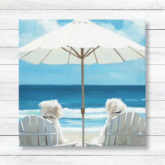 Lienzo Dos territorios blancos para relajarse en la playa (White Terrier Dogs on the Beach Under Umbrella - Cute Coastal Wall Art for Animal Lovers)