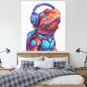 Lienzo Dragón Barbudo Cyberpunk - Lagarto Gamer con Cabez