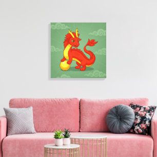 Lienzo Dragón Chino Rojo sobre Verde