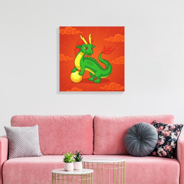 Lienzo Dragón Chino Verde sobre Rojo (Insitu (Sala de estar))