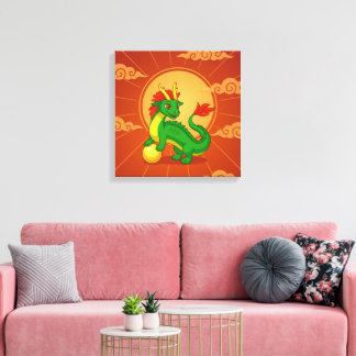 Lienzo Dragón Chino Verde sobre Rojo