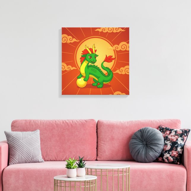 Lienzo Dragón Chino Verde sobre Rojo (Insitu (Sala de estar))