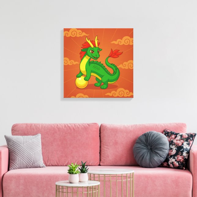Lienzo Dragón Chino Verde sobre Rojo (Insitu (Sala de estar))