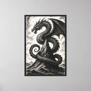 Lienzo Dragón de Ilustracion de tinta sobre la montaña