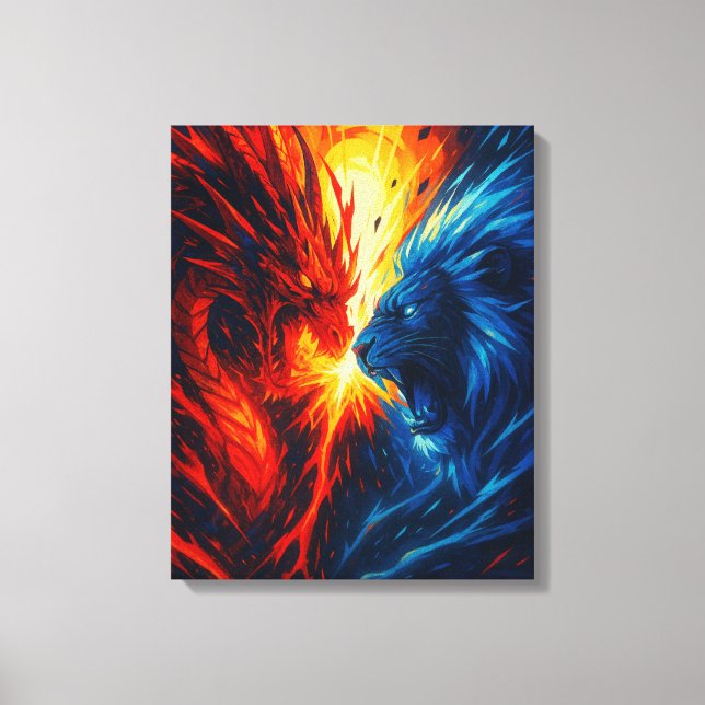 Lienzo Dragon vs Lion Wall Art – Fire and Ice Clash (Anverso)