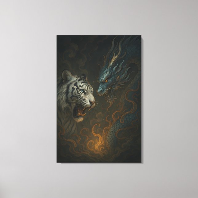 Lienzo Dragon vs White Tiger – Mystical Fantasy Wall Art  (Anverso)