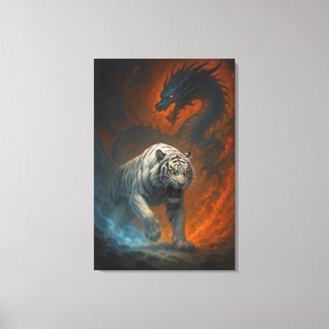 Lienzo Dragon vs White Tiger – Mystical Fantasy Wall Art  (Anverso)
