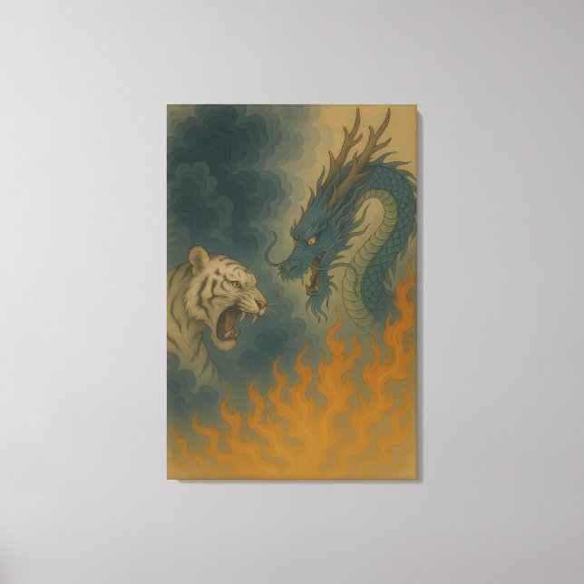 Lienzo Dragon vs White Tiger – Mystical Fantasy Wall Art  (Anverso)