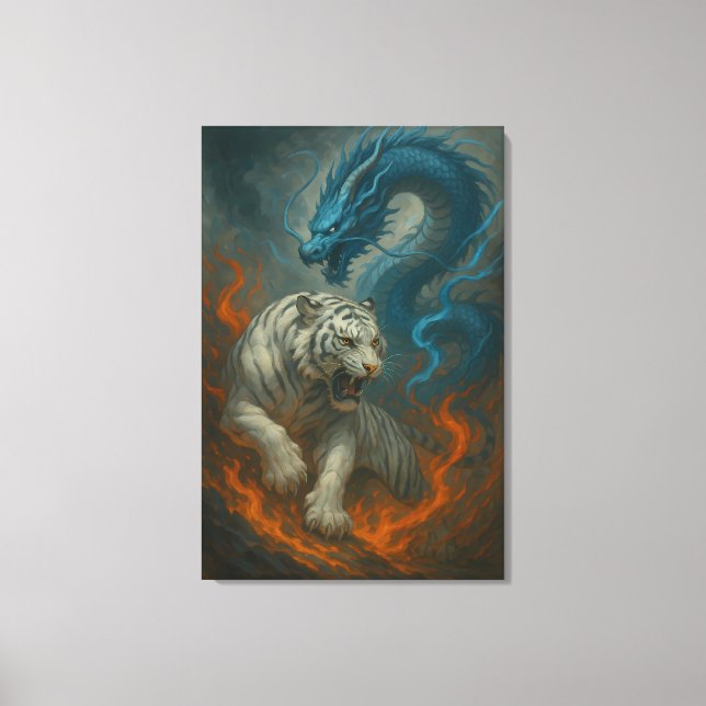 Lienzo Dragon vs White Tiger – Mystical Fantasy Wall Art  (Anverso)