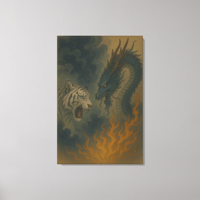 Lienzo Dragon vs White Tiger – Mystical Fantasy Wall Art  (Anverso)