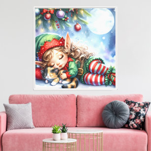Lienzo Duende de Navidad durmiendo con gatito calico