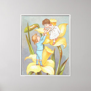 Lienzo Dulce Cute San Valentín retro, niños y narcisos