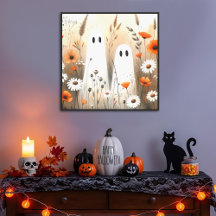 Dulces y espeluznantes fantasmas boho en prado oto